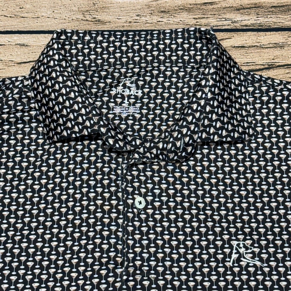 Rhoback Martini Glass Print Polo Men Large Black White Performance Golf Shirt